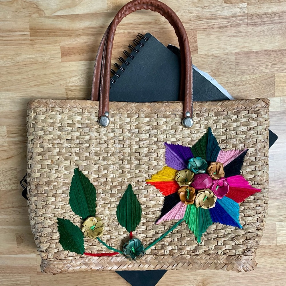 VINTAGE 🧺 Embroidered Wicker Basket